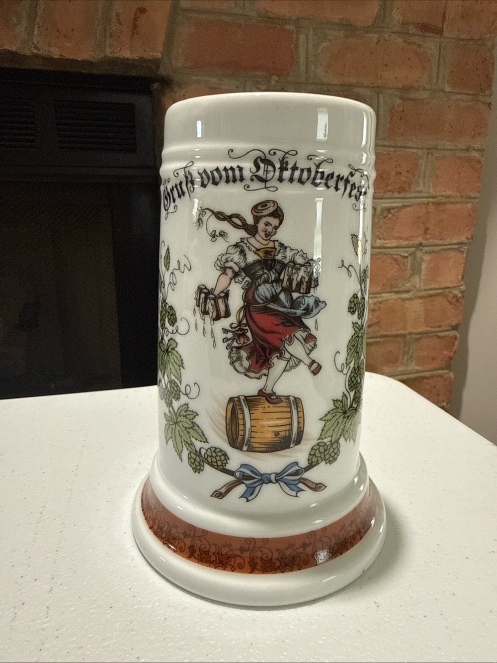 White Ceramic Oktoberfest Beer Stein with Vintage Illustration